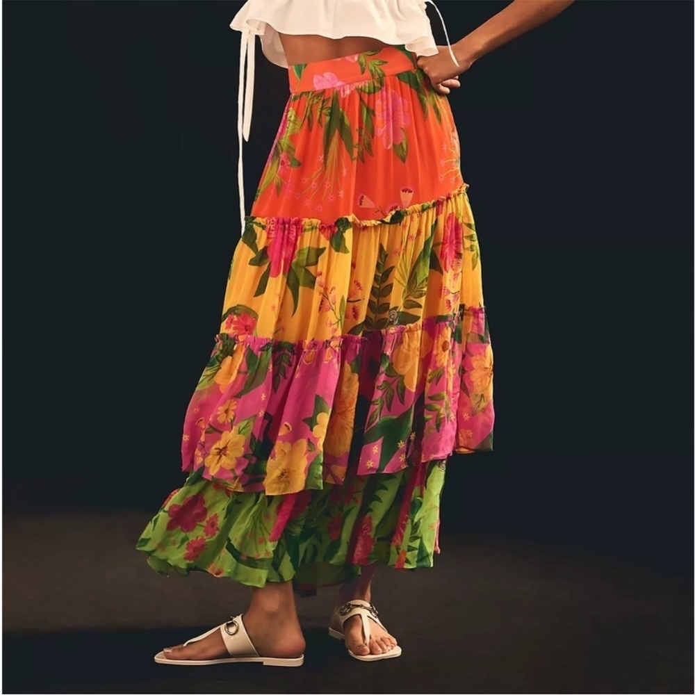 FARM Rio multicolored ruffed midi skirt